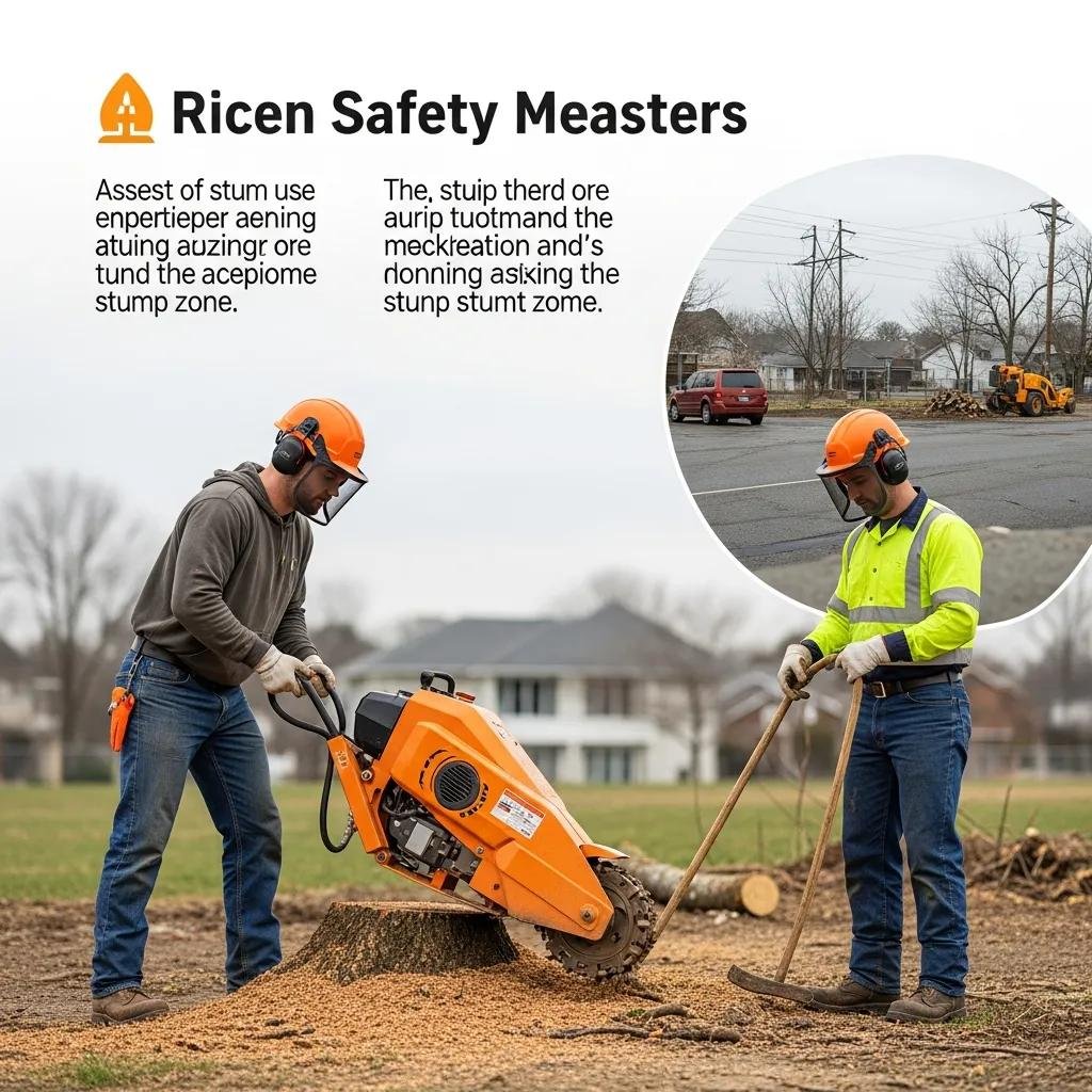 Worker in PPE assessing safety measures for stump grinding in a residential area