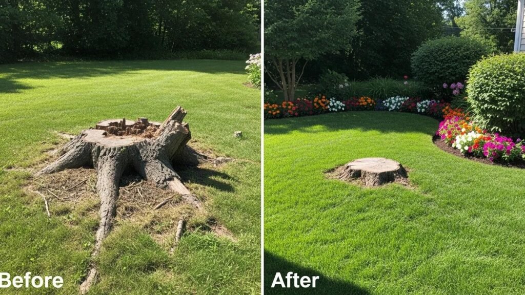 Before-and-after comparison of a yard showing the benefits of professional stump grinding services