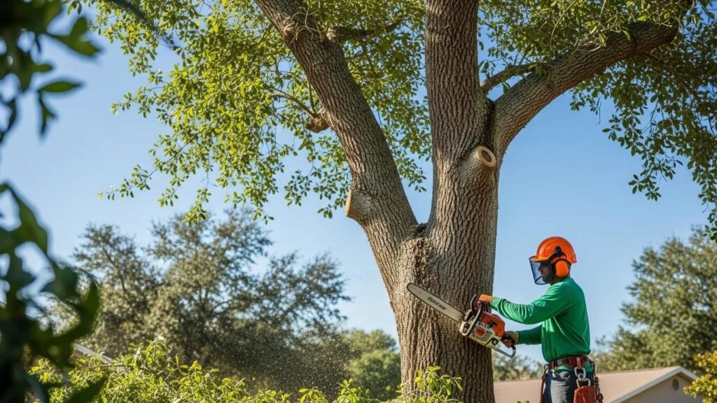 Professional tree trimming service in Deltona, showcasing an arborist trimming a large tree