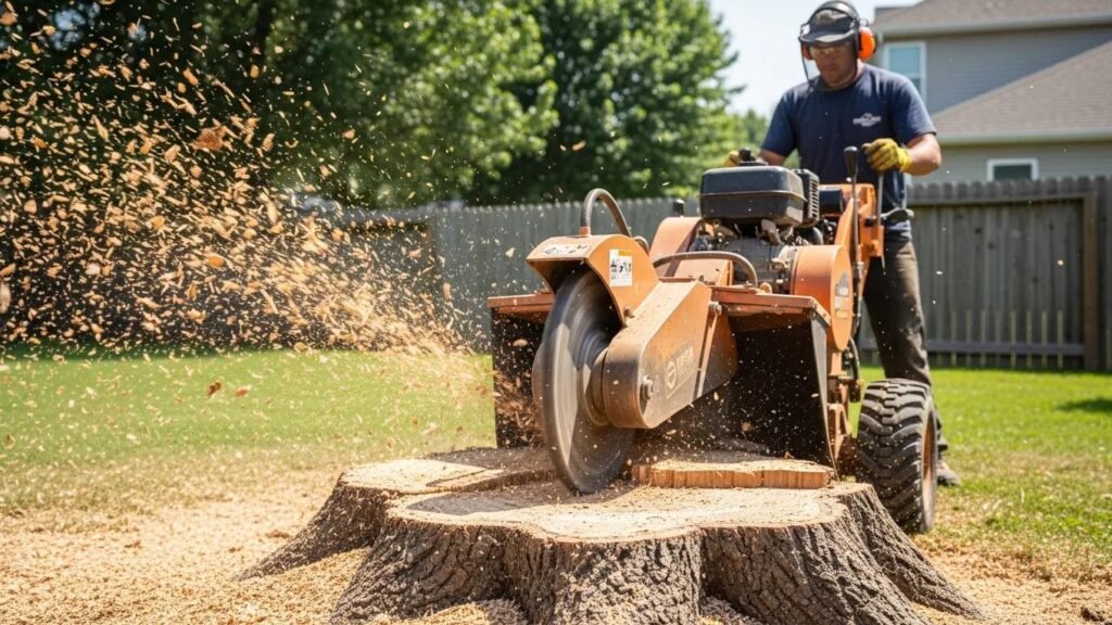 Stump grinder in action, showcasing the grinding process on a tree stump in a suburban backyard