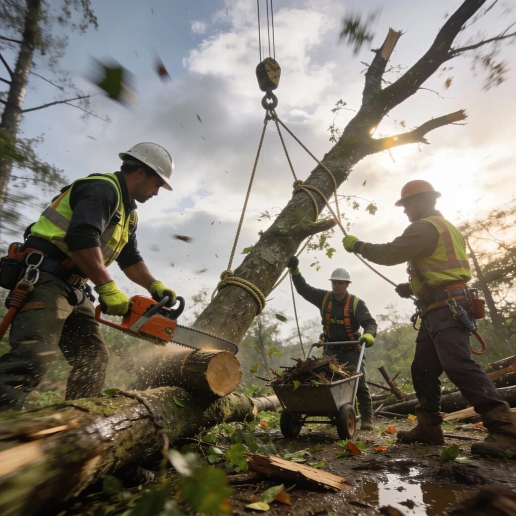 Tree removal team during emergency service after storm damage
