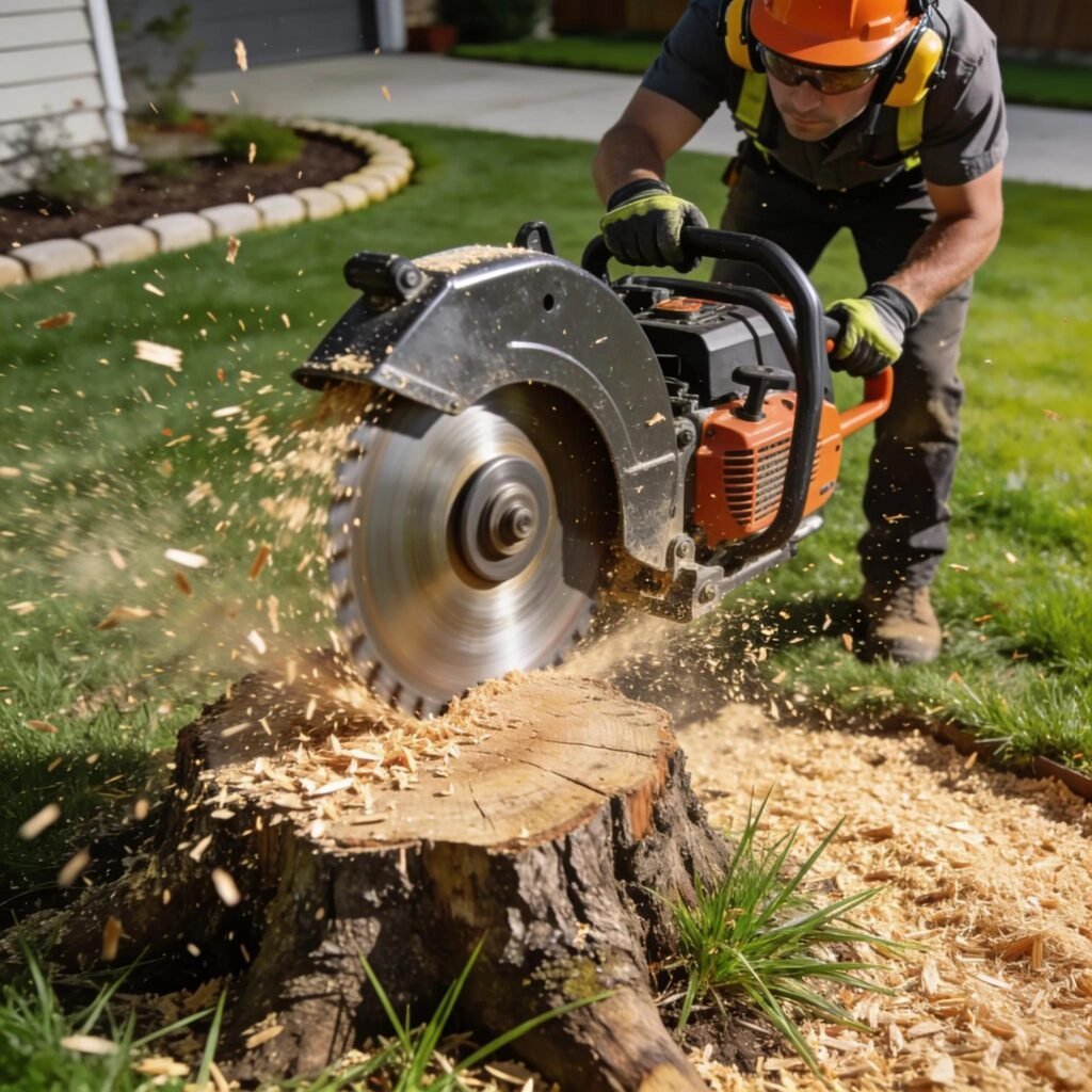 Stump grinding machinery in a landscaped yard during clean-up