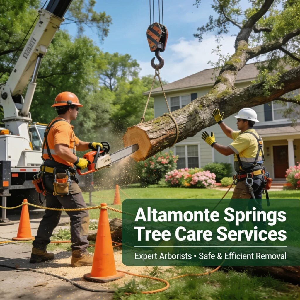 Tree removal services team using equipment in a suburban garden