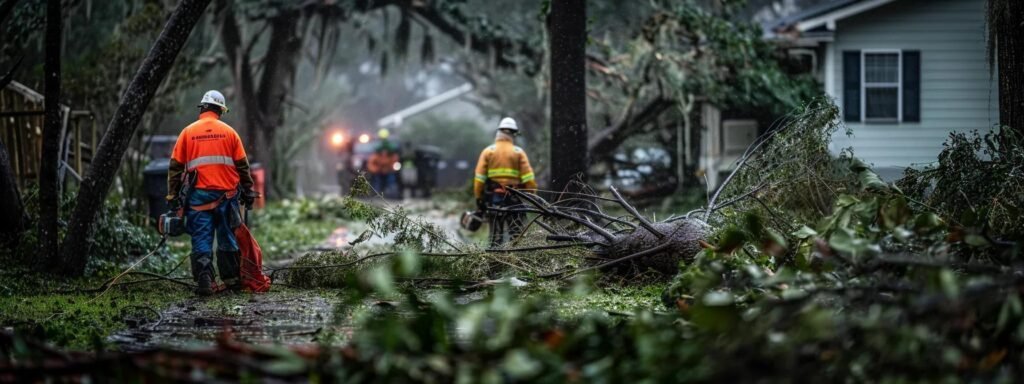 a focused view of a team of tree service professionals in protective gear, meticulously assessing and removing storm-damaged trees from a residential central florida property, surrounded by debris and fallen branches under moody, overcast skies.
