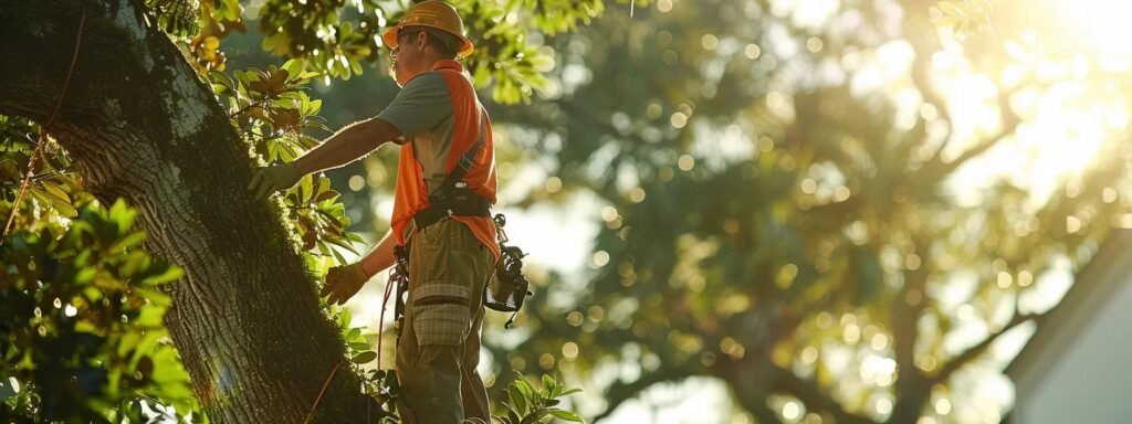 a professional arborist conducts a detailed tree health assessment in a bustling central florida urban landscape, equipped with diagnostic tools and surrounded by urban structures, highlighting the importance of expert evaluation in tree care management.