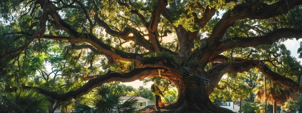 a professional arborist inspects a large, urban tree with detailed equipment, surrounded by the bustling environment of a central florida city, highlighting the importance of preventative tree care to uncover structural weaknesses and health issues.