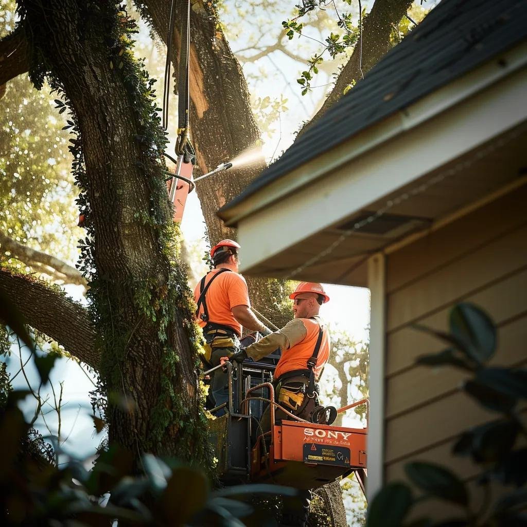 a professional tree removal team operates powerful equipment in an urban new smyrna setting, expertly tackling a hazardous tree looming over a residential property, showcasing the importance of emergency tree services.