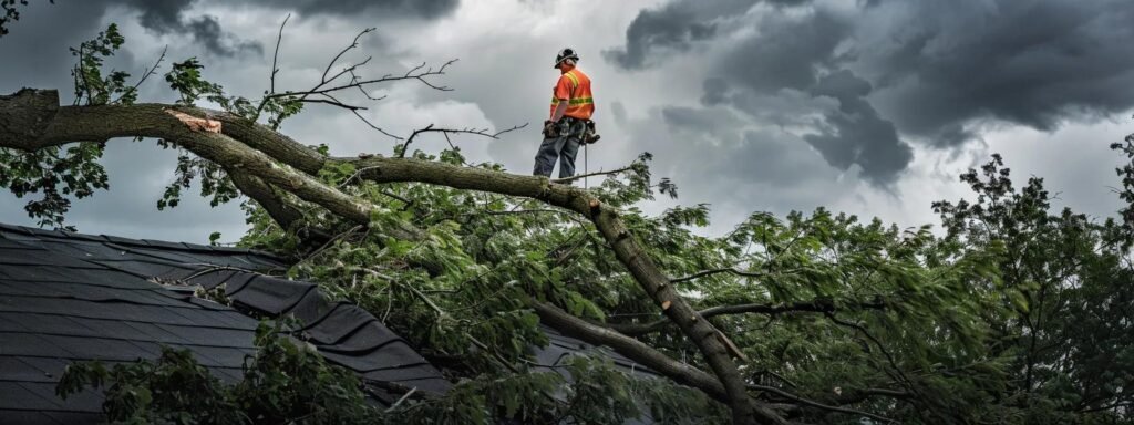 a professional tree service team meticulously secures branches on a home’s roof in a well-maintained suburban neighborhood, surrounded by ominous storm clouds, highlighting the importance of home safety during severe weather.