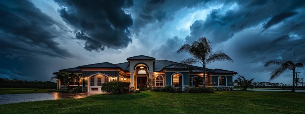 a fortified central florida home stands resilient amidst a dramatic storm, showcasing reinforced windows and a secure roof, while intense winds whip around, highlighting the importance of storm protection.