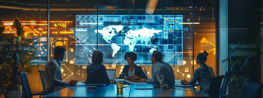 in a modern urban office setting, a family gathers around a sleek conference table, intensely discussing a detailed emergency plan while a digital screen displays storm preparedness tips, highlighting a sense of proactive organization and unity.