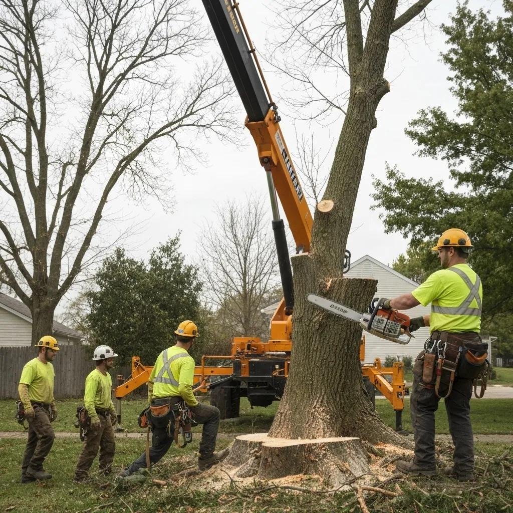 Tree removal crew using chainsaw and crane in a residential area