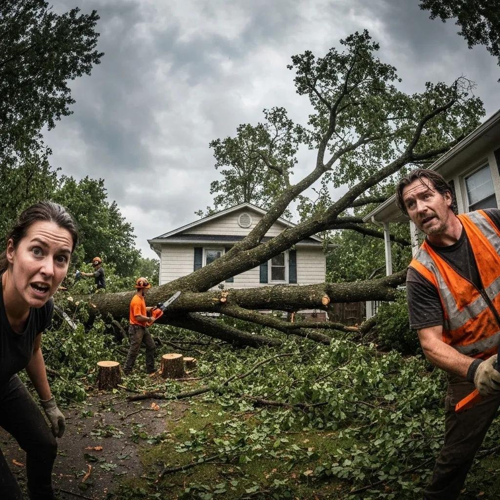 Emergency tree removal crew responding to a storm-damaged tree on a house in Volusia County