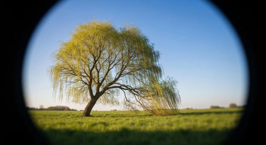 Leaning tree with heaving soil around the base, indicating instability and risk of falling