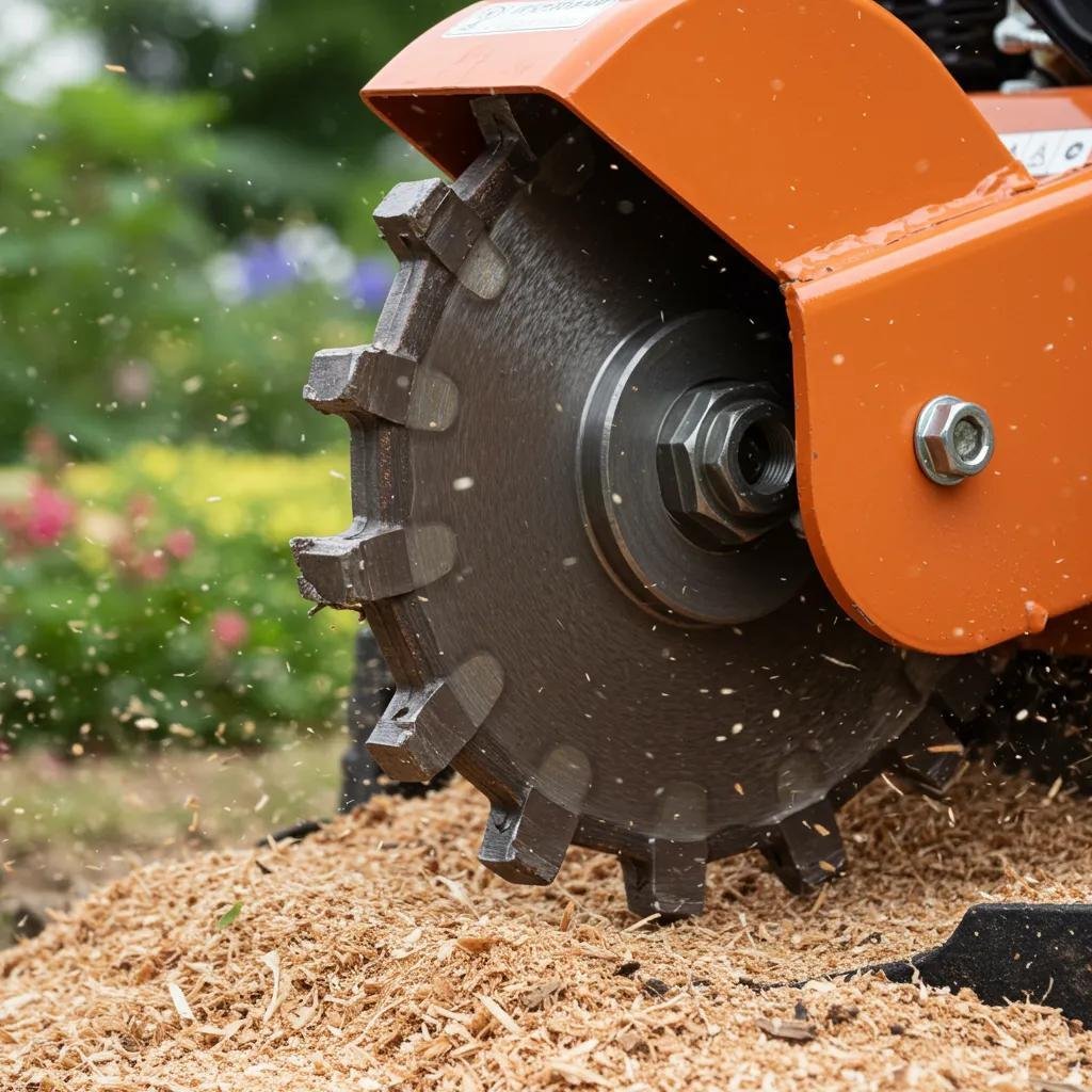 Close-up of a stump grinder's cutting wheel, showcasing the equipment used in stump grinding
