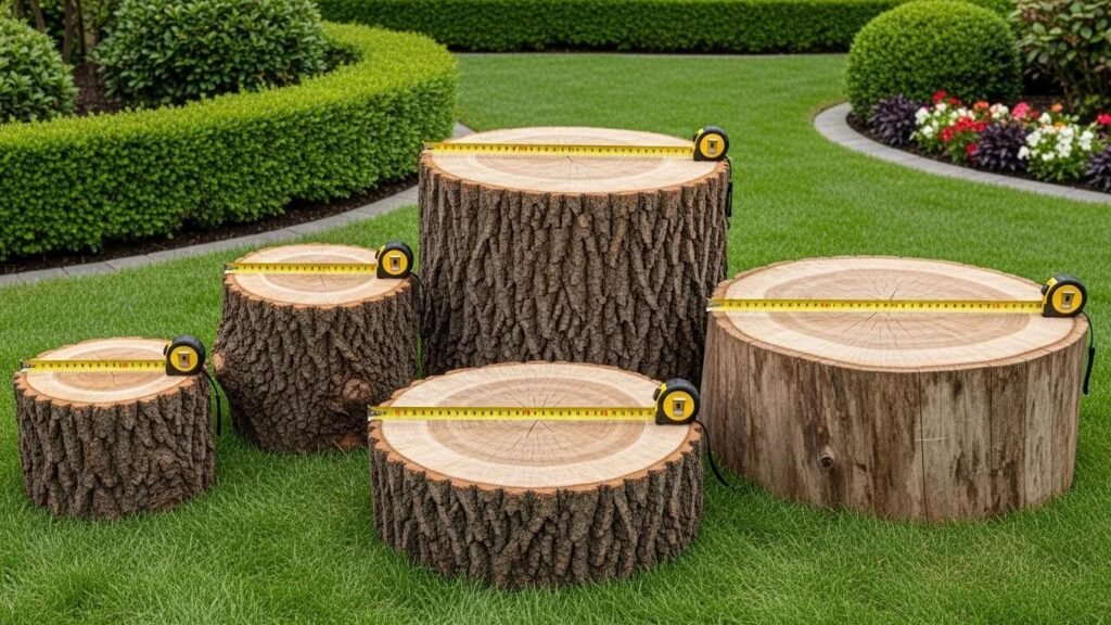 Different sizes of tree stumps in a yard, illustrating factors influencing stump removal costs