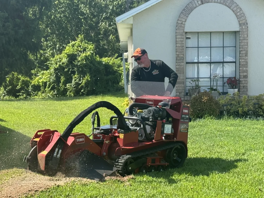 Man operating a red stump grinder on a green lawn.