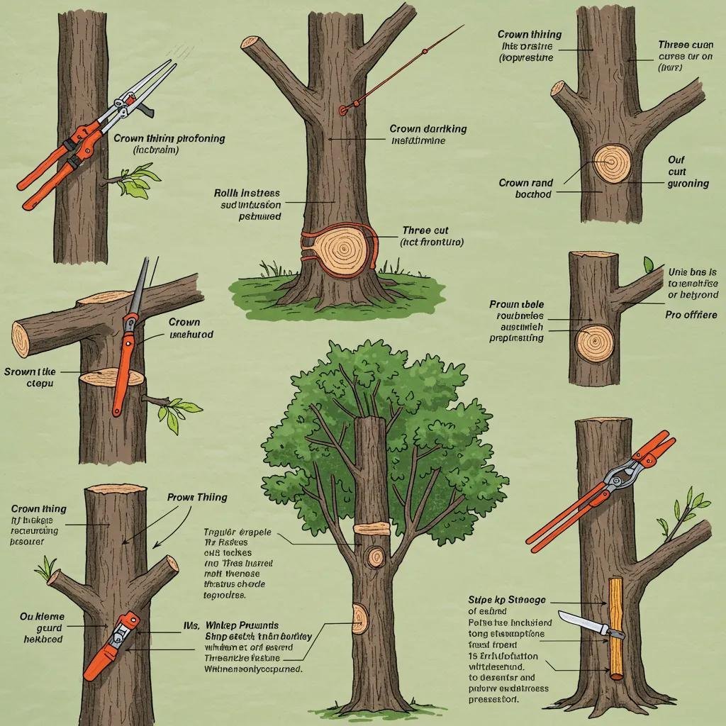 Illustration of essential tree pruning techniques, including crown thinning and the three-cut method