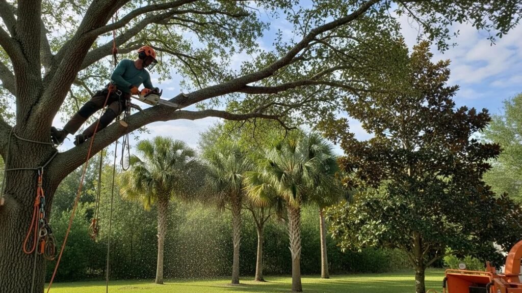 Professional arborist trimming trees in a lush Sanford, FL landscape