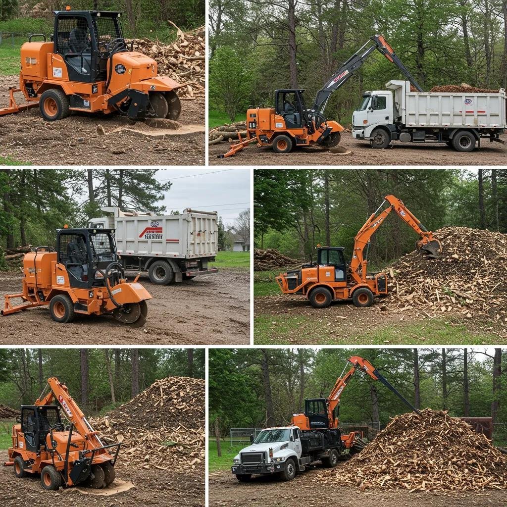 Stump grinding equipment and debris hauling trucks illustrating additional costs associated with tree removal services